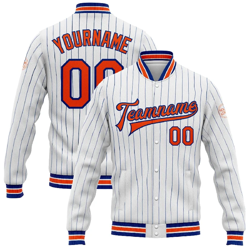 Comfortable Unisex Streetwear End Of Season Sale Custom White Royal Pinstripe Orange Bomber Full-Snap Varsity Letterman Jacket