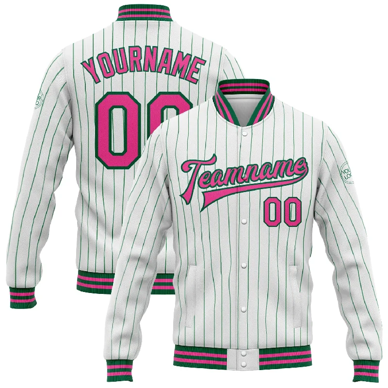 Fashion-Forward Gender-Neutral Outfit Ideas Get The Latest Trends Custom White Kelly Green Pinstripe Pink Bomber Full-Snap Varsity Letterman Jacket