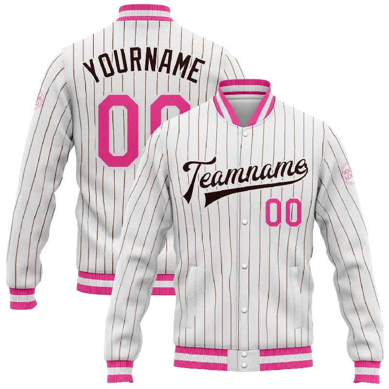 Relaxed-Fit Unisex Fashion For All-Day Comfort Spring Offer Custom White Brown Pinstripe Pink Bomber Full-Snap Varsity Letterman Jacket