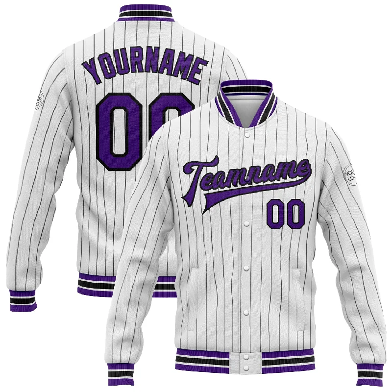 Chic And Casual Unisex Fashion Trends Casual Chic Deals Custom White Black Pinstripe Purple Bomber Full-Snap Varsity Letterman Jacket