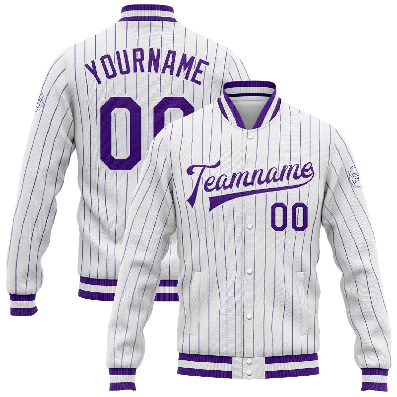 Unisex Casual Fashion Trends Huge Discounts This Week Custom White Purple Pinstripe Purple Bomber Full-Snap Varsity Letterman Jacket