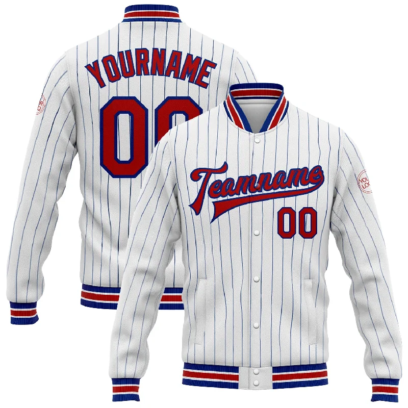 Classic Unisex Fashion Looks Trendy Styles Custom White Royal Pinstripe Red Bomber Full-Snap Varsity Letterman Jacket