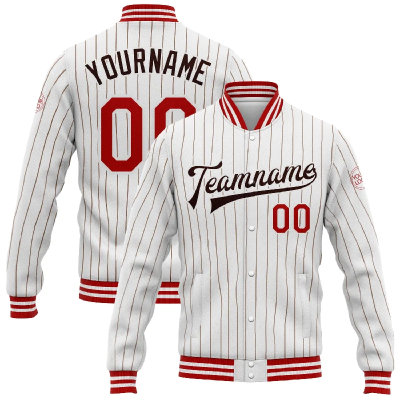 Chic And Contemporary Unisex Clothing Choices New Styles Just In Custom White Brown Pinstripe Red Bomber Full-Snap Varsity Letterman Jacket