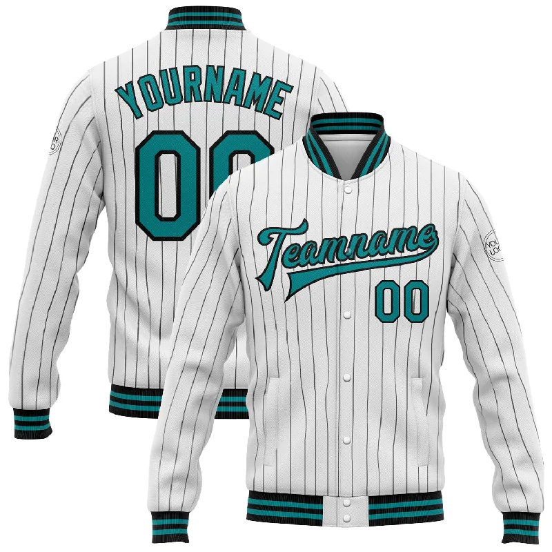 Versatile Clothing For All Genders Athleisure Style Sale Custom White Black Pinstripe Teal Bomber Full-Snap Varsity Letterman Jacket