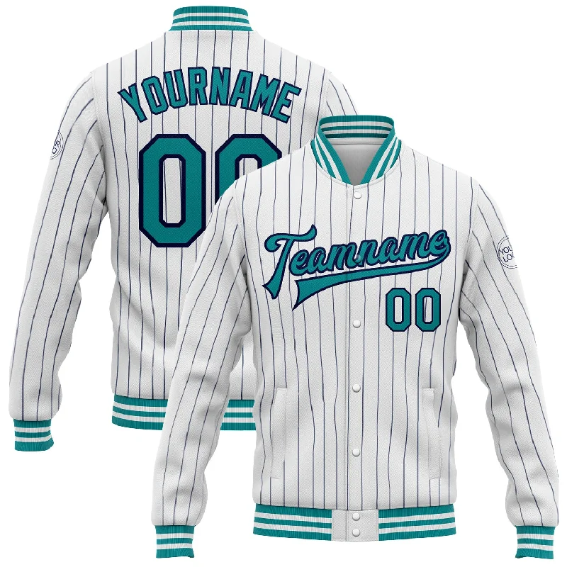 Modern Unisex Streetwear Outfits Urban Fashion Custom White Navy Pinstripe Teal Bomber Full-Snap Varsity Letterman Jacket