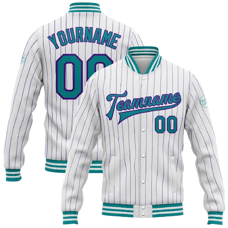 Minimalist Unisex Wardrobe Must-Haves Explore What'S New Custom White Purple Pinstripe Teal Bomber Full-Snap Varsity Letterman Jacket