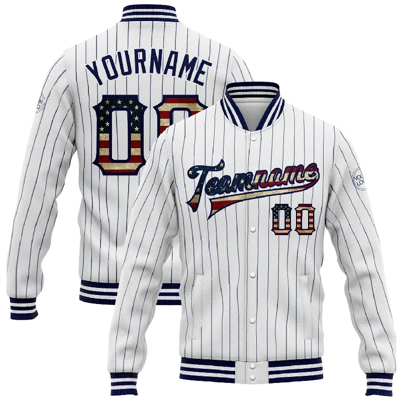 Lightweight And Breathable Unisex Wear Elegant Fashion Offers Custom White Navy Pinstripe Vintage USA Flag Bomber Full-Snap Varsity Letterman Jacket