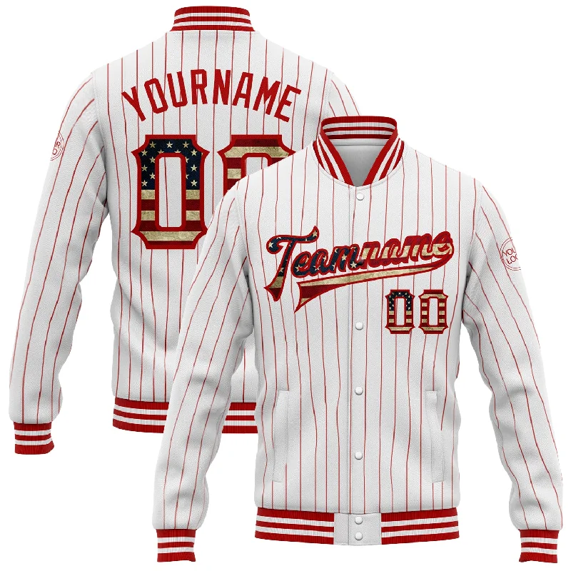 Chic And Casual Unisex Fashion Trends Valentine's Special Custom White Red Pinstripe Vintage USA Flag Bomber Full-Snap Varsity Letterman Jacket