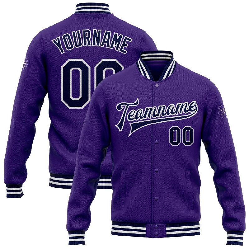 Sustainable And Ethical Unisex Clothing Casual Chic Custom Purple Navy-White Bomber Full-Snap Varsity Letterman Jacket