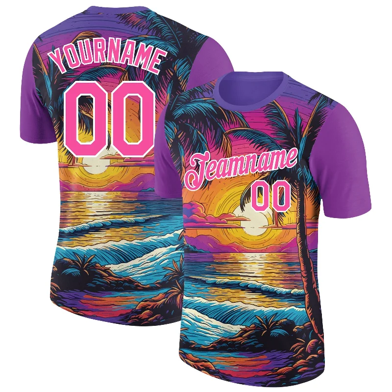 Soft And Breathable Unisex Loungewear Luxury Fashion Custom Purple Pink-White 3D Pattern Design Hawaii Palm Trees On Beach Performance T-Shirt