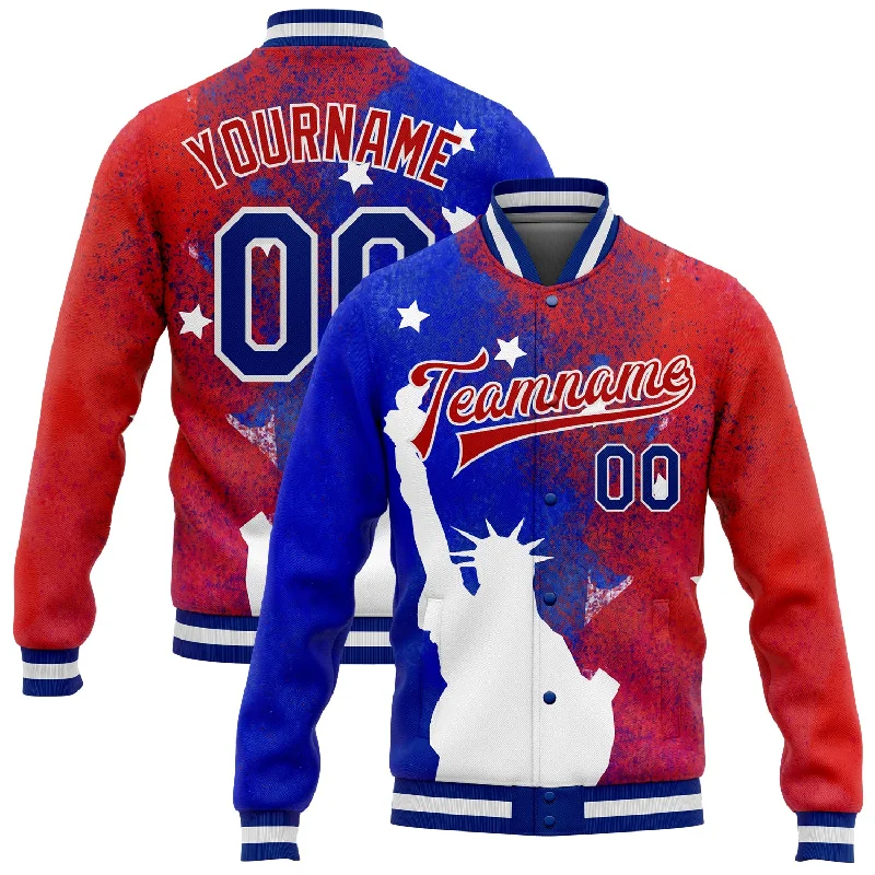 Classic And Timeless Unisex Style Romantic Chic Deals Custom Red Royal-White Statue of Liberty 3D Pattern Design Bomber Full-Snap Varsity Letterman Jacket