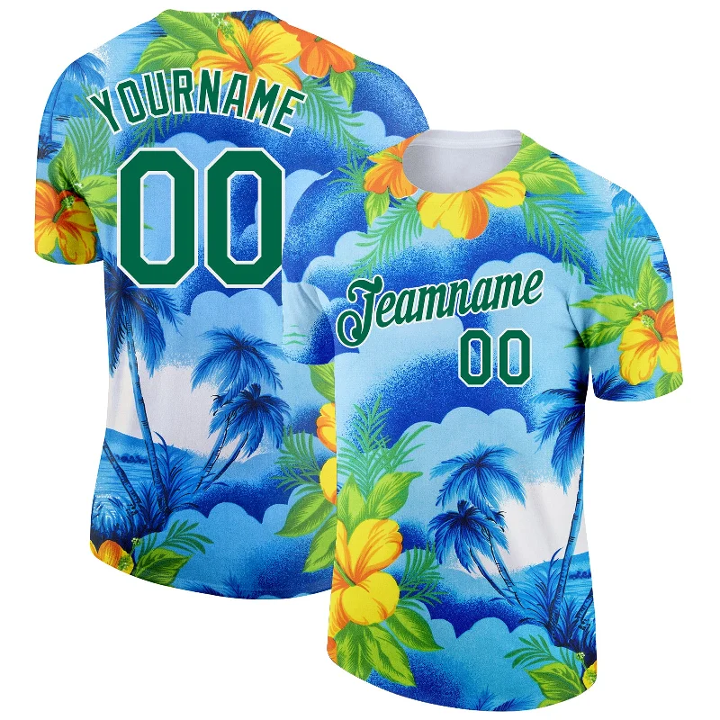 High-Quality Unisex Basics For Everyday Wear Fresh Fashion Discounts Custom White Kelly Green 3D Pattern Design Beach Hawaii Palm Trees And Flowers Performance T-Shirt