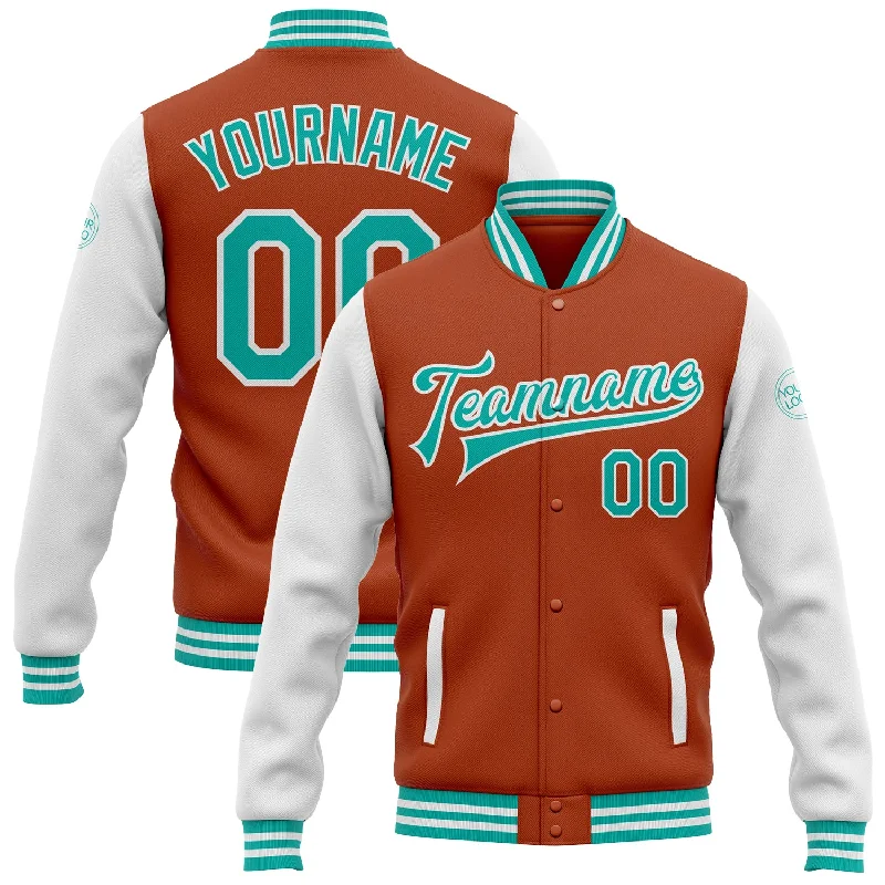 Sleek And Contemporary Gender-Free Outfits Big Discounts Custom Texas Orange Aqua-White Bomber Full-Snap Varsity Letterman Two Tone Jacket