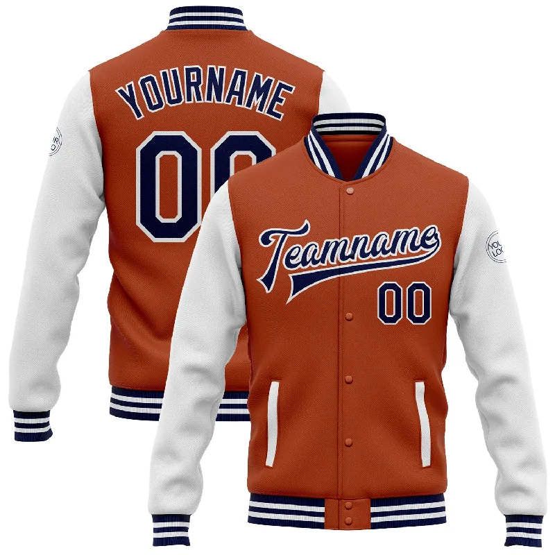 Modern Unisex Streetwear Outfits Fashion Forward Custom Texas Orange Navy-White Bomber Full-Snap Varsity Letterman Two Tone Jacket