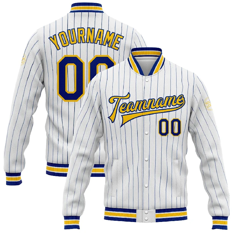 Sustainable Gender-Neutral Apparel Seasonal Sale Custom White Royal Pinstripe Yellow Bomber Full-Snap Varsity Letterman Jacket